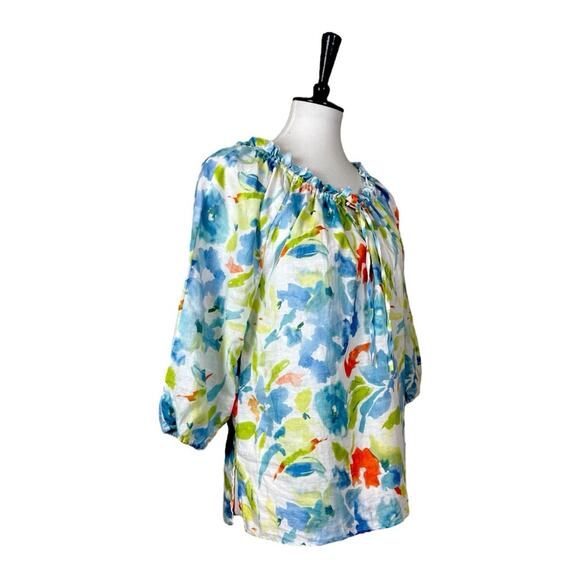 Hester & Orchard Top Linen Cotton Tie Neck White Multi Floral Women’s Size Small - Picture 2 of 10